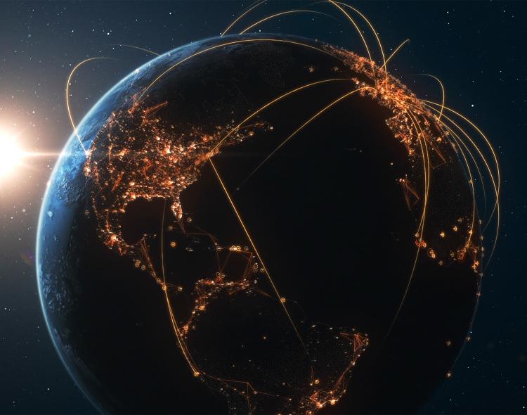 Earth And Sun Seen From Space With Glowing Connection Lines