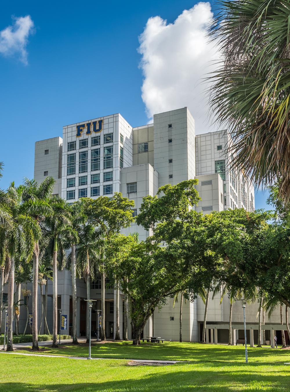 Florida International University campus on a sunny day featuring palm trees and campus buildings