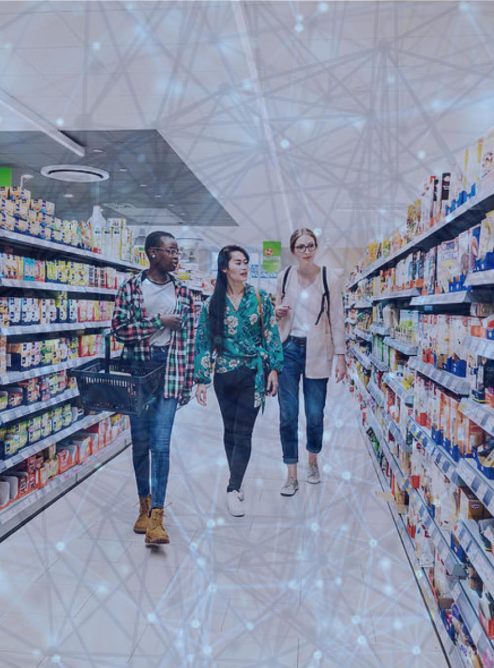 Three young women shopping in a grocery store aisle, overlaid with connected dots indicating supply chains