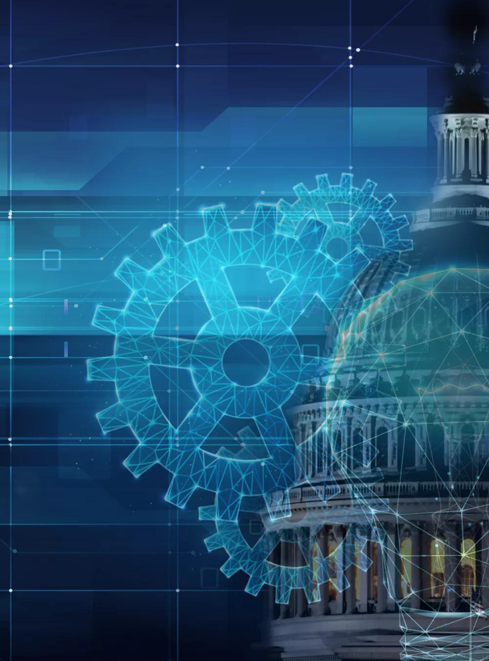 U.S. Capitol overlaid with cogs and lightbulb vector graphics
