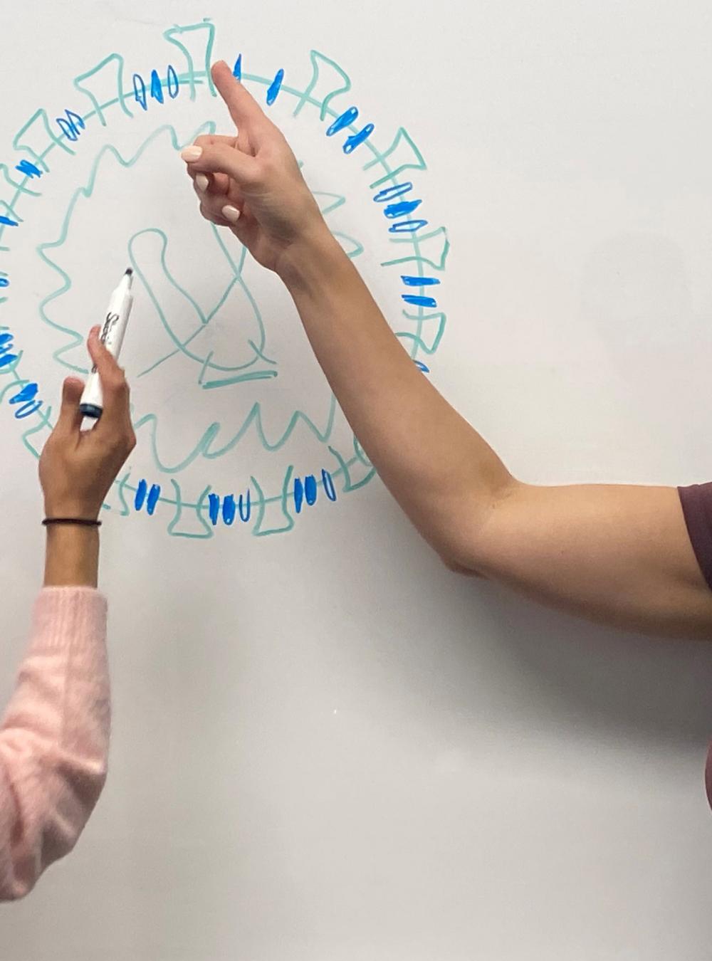 two women collaborating at a whiteboard
