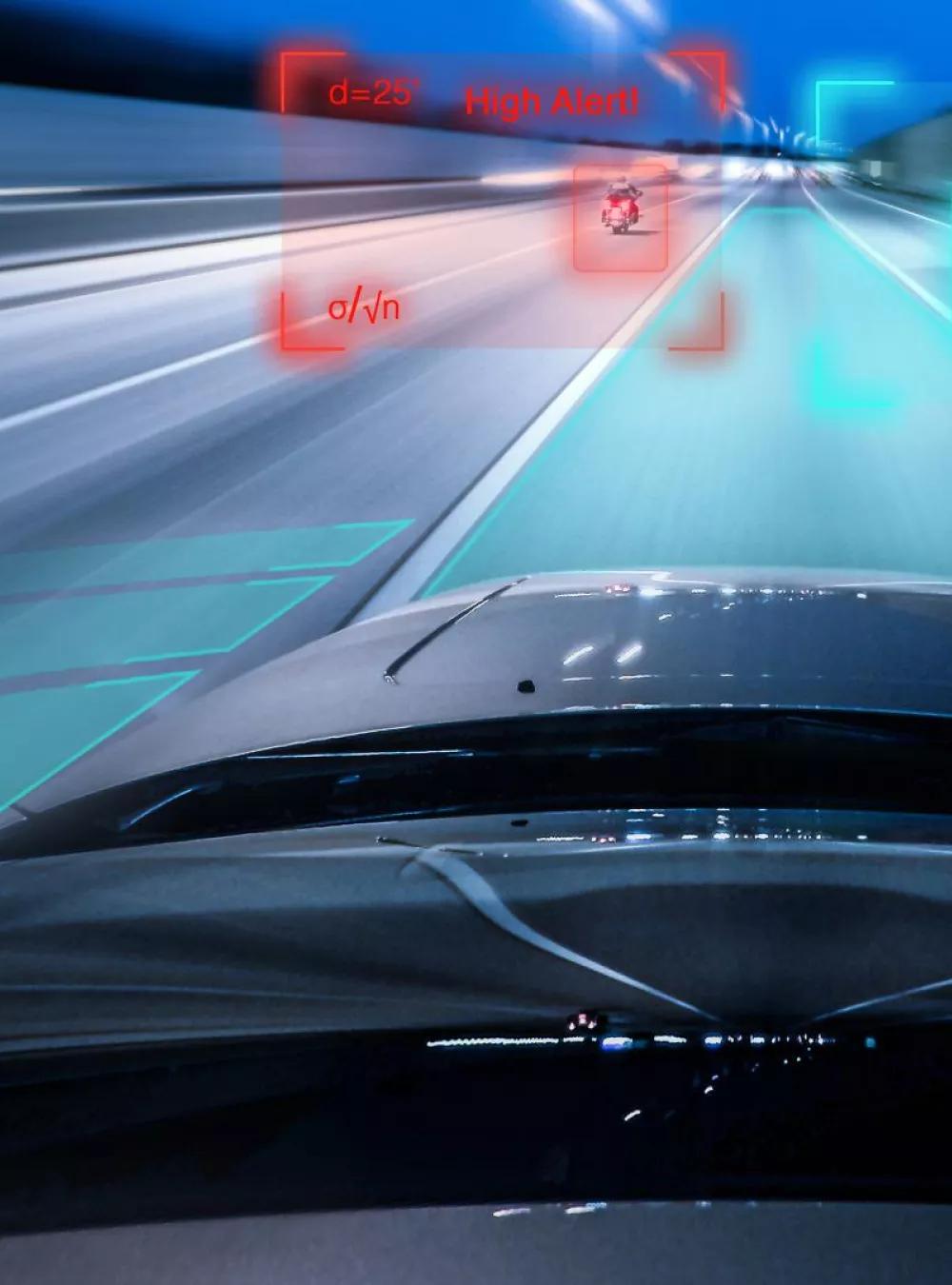AI heads up display on vehicle windshield while driving on the highway