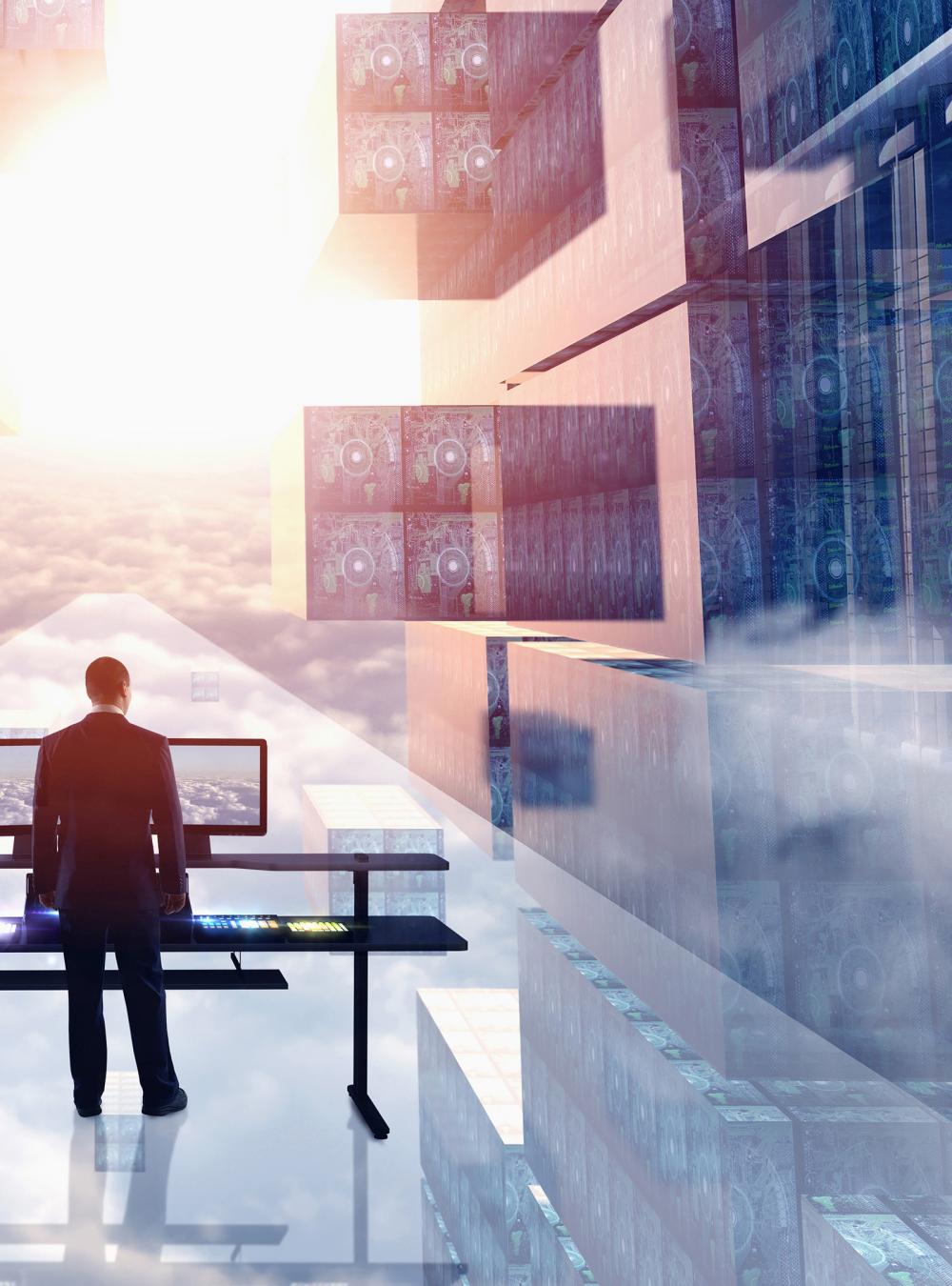 business man in a futuristic data center