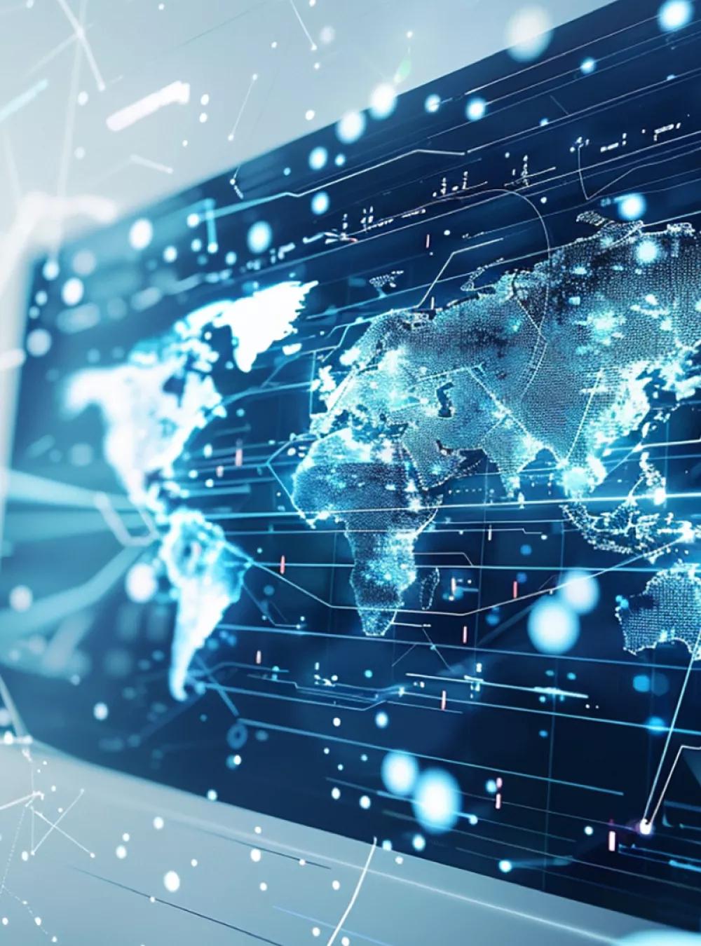 Flattened map of the earth with abstract lines and data points 