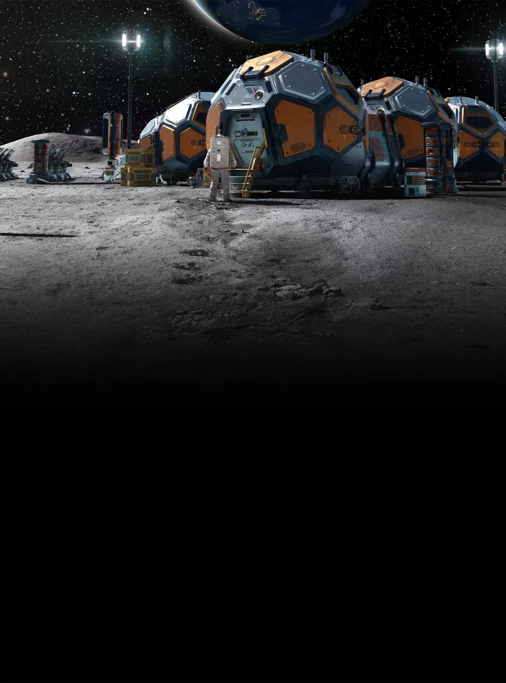 A computer generated image of astronauts on the surface of the moon with a livable habitat in the background