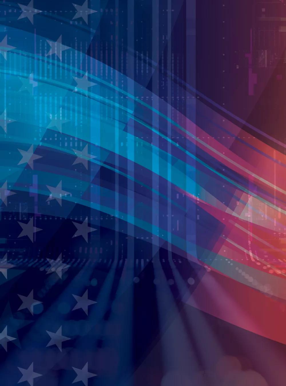 red and blue composite image with the American flag in the background