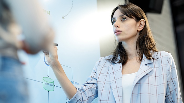 Woman point at a whiteboard