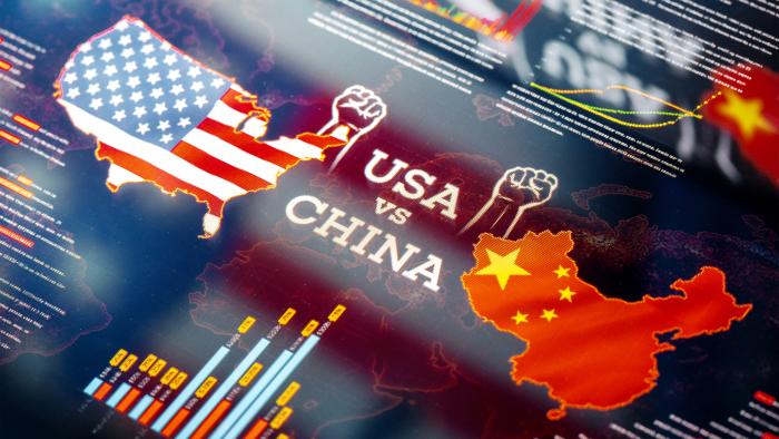 Digital screen showing USA and China
