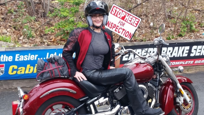 Mari Spina on her motorcycle