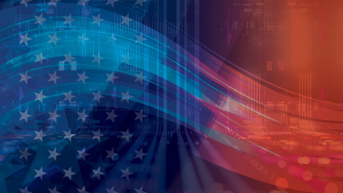 red and blue composite image with the American flag in the background