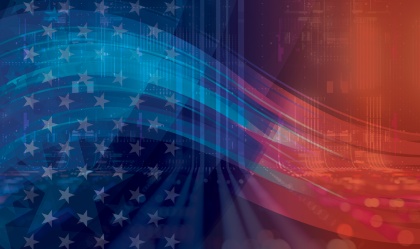 red and blue composite image with the American flag in the background