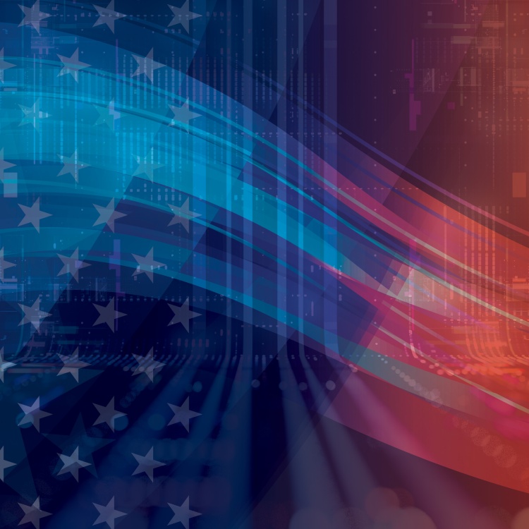 red and blue composite image with the American flag in the background